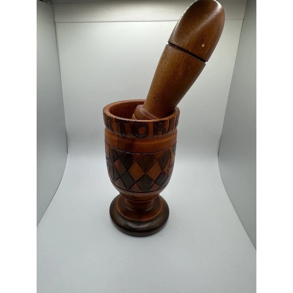 1970s Large Vintage Wood Carved Puerto Rico‎ Mortar & Pestle Great Condition